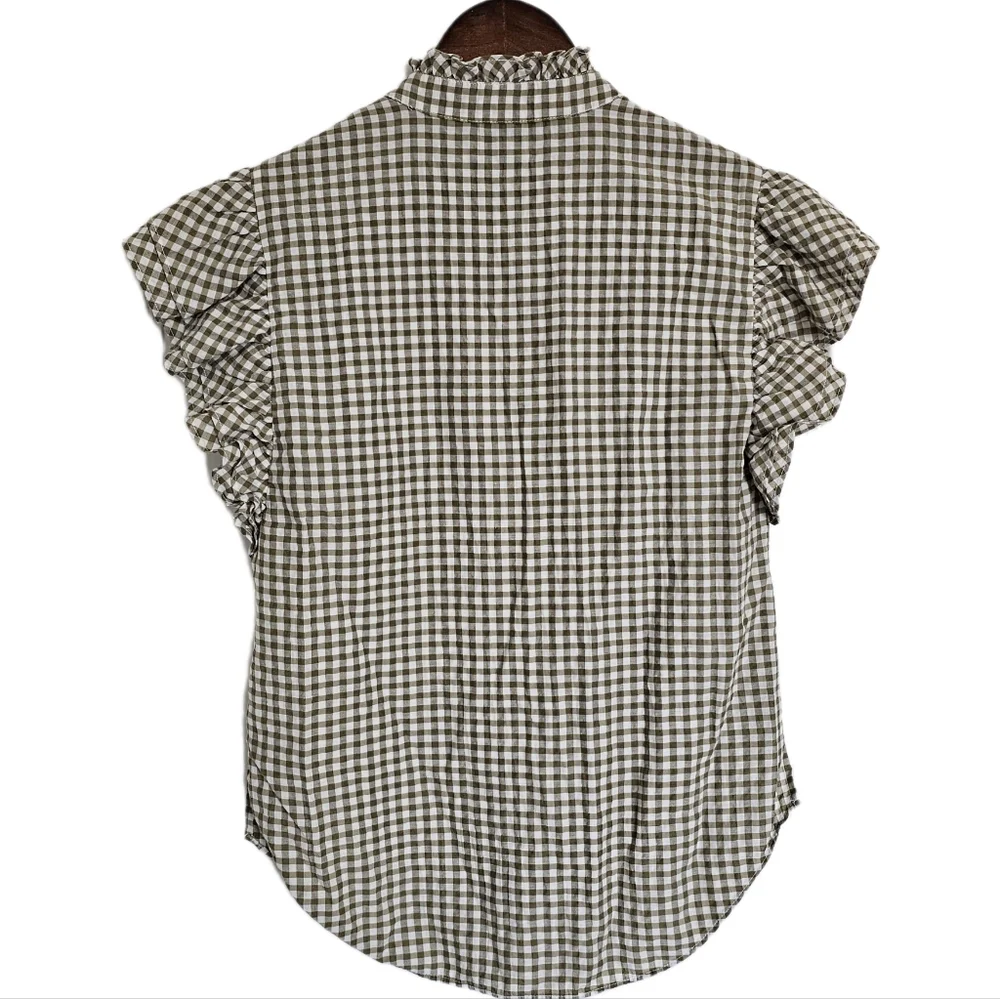 Veronica Beard Gingham Green and White Ruffle Button Shirt XS